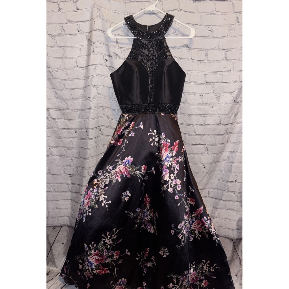 Let's Fashion Gorgeous Black and Pink Floral Gown Sz L Formal Dress Prom Pockets